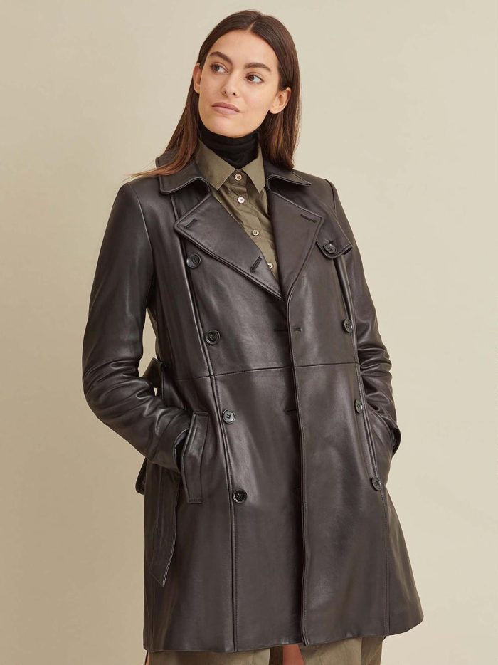 Double breasted belted black leather trench coat for women - Image 2