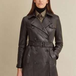Double breasted belted black leather trench coat for women