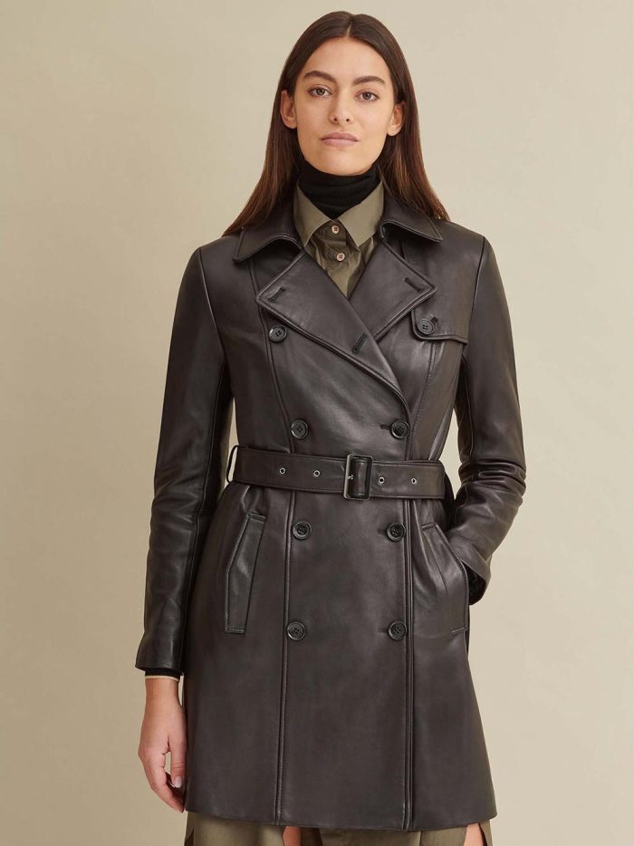 Double breasted belted black leather trench coat for women