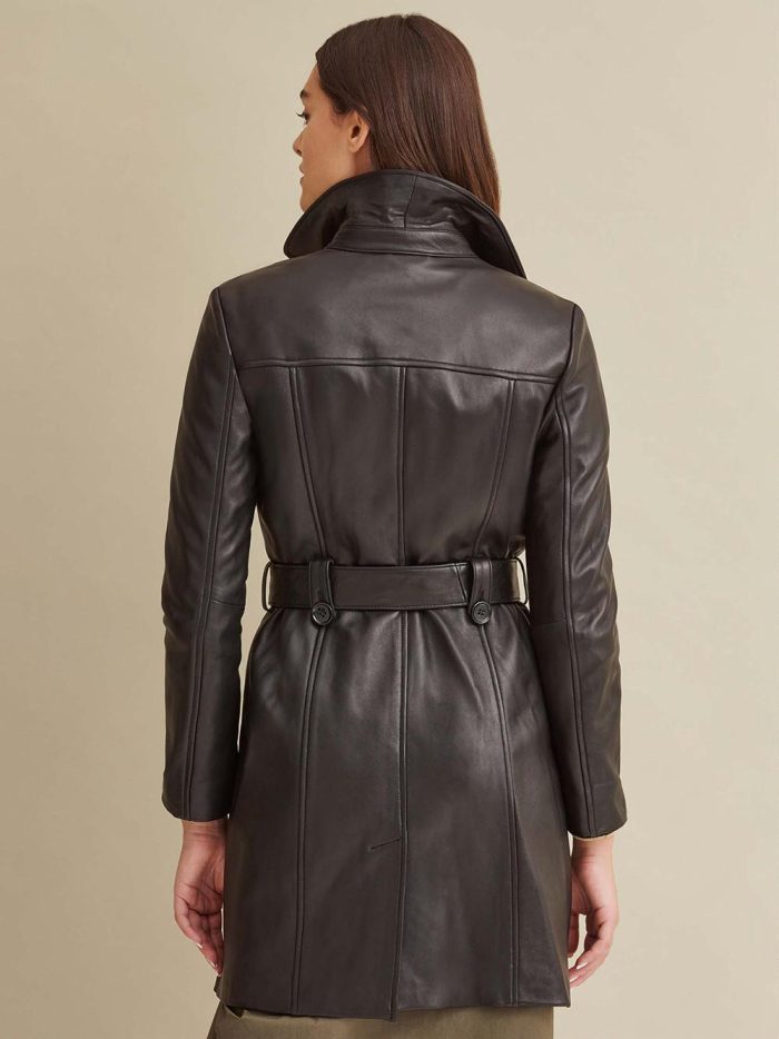 Double breasted belted black leather trench coat for women - Image 3