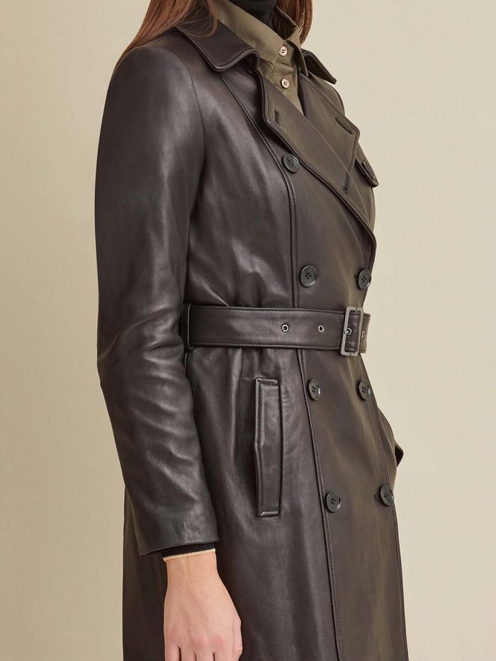 Double breasted belted black leather trench coat for women - Image 4