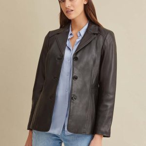 Notch collar black leather jacket for women