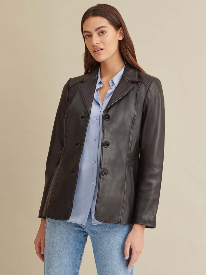 Notch collar black leather jacket for women