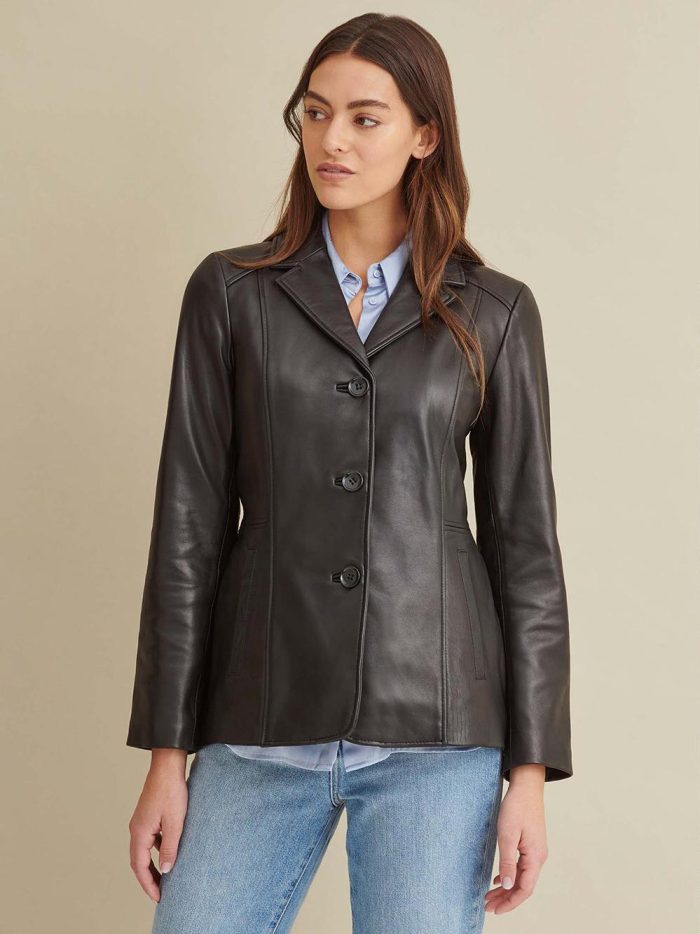 Notch collar black leather jacket for women - Image 2
