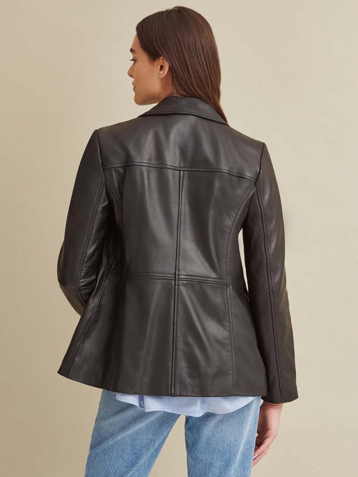 Notch collar black leather jacket for women - Image 3