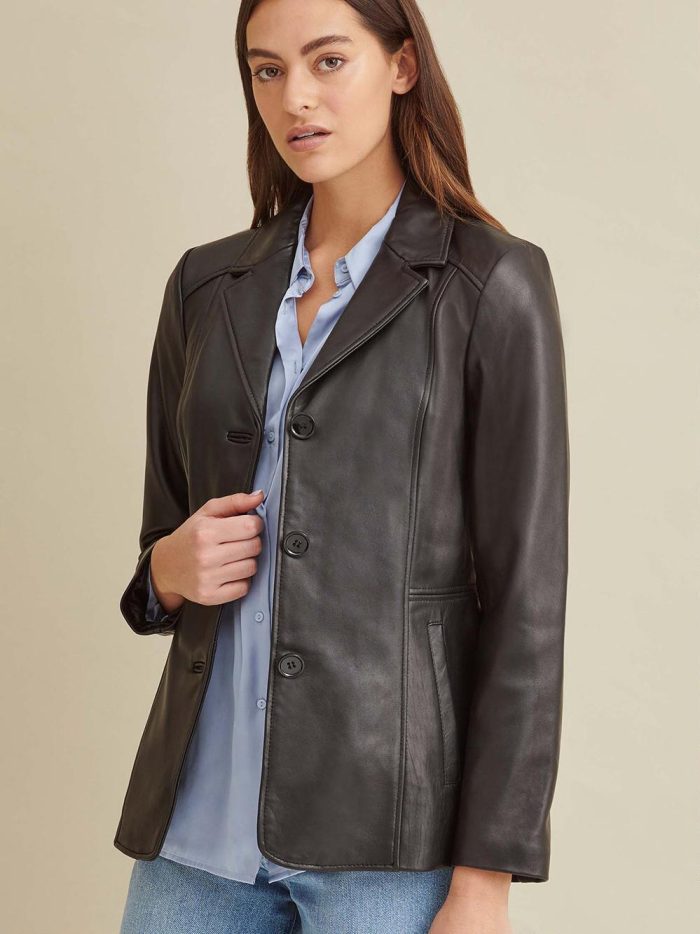 Notch collar black leather jacket for women - Image 4