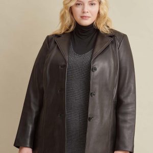 Plus size notch collar black leather jacket for women