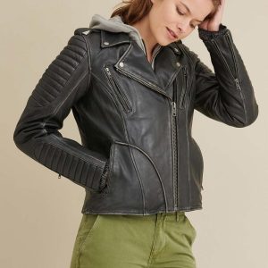 Quilted shoulder black leather moto cycle jacket for women