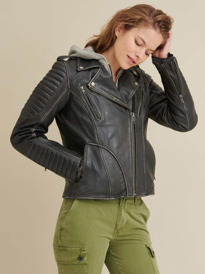 Quilted shoulder black leather moto cycle jacket for women