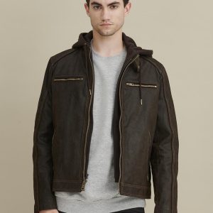 Jake hooded black leather jacket for men