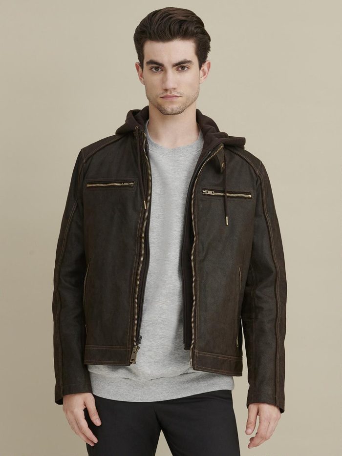 Jake hooded black leather jacket for men