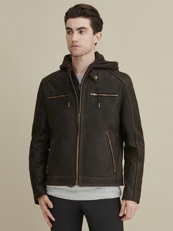 Jake hooded black leather jacket for men - Image 3