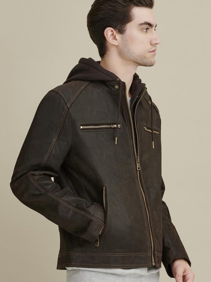 Jake hooded black leather jacket for men - Image 4