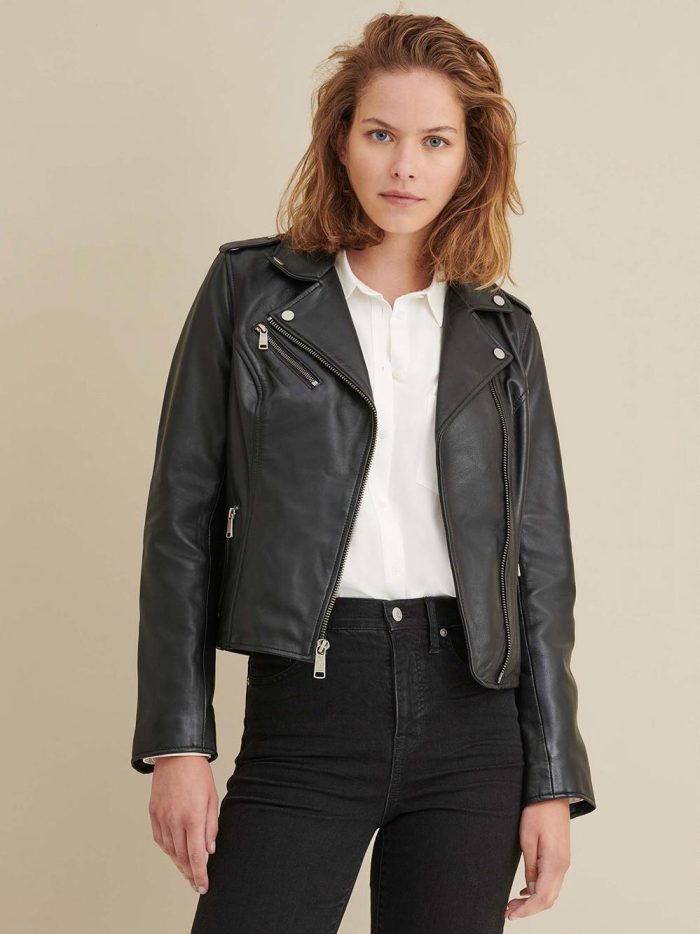 Madeline asymmetrical black leather jacket for women
