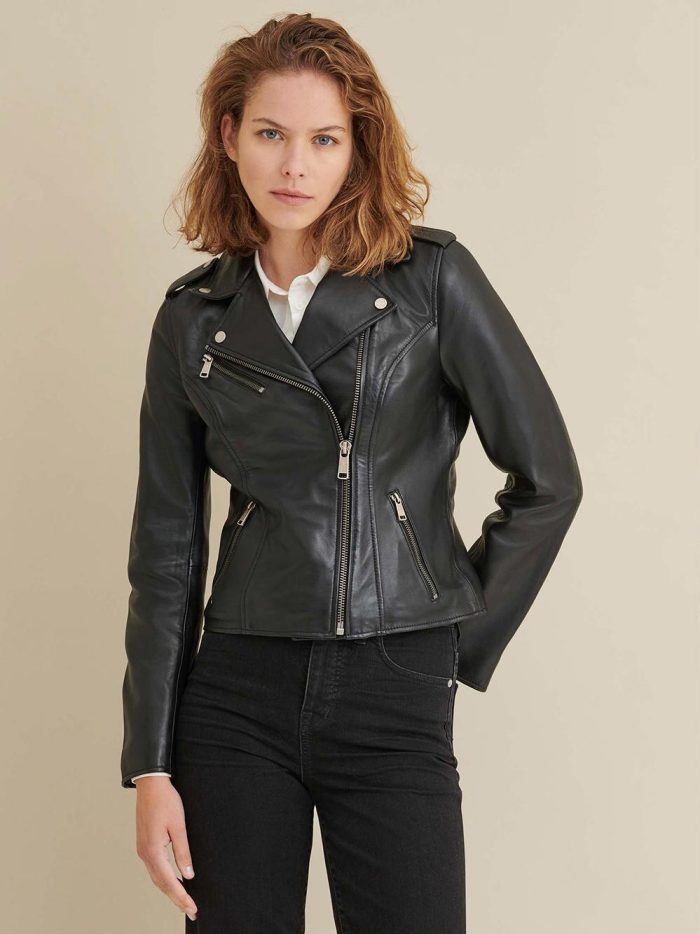 Madeline asymmetrical black leather jacket for women - Image 2