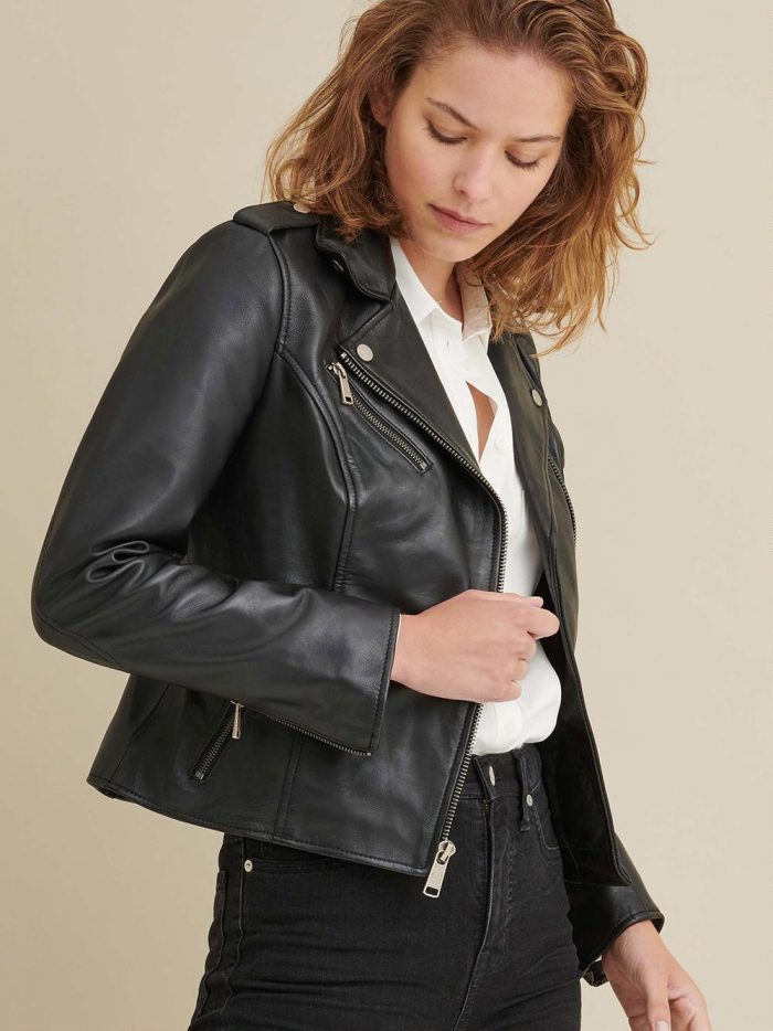 Madeline asymmetrical black leather jacket for women - Image 4
