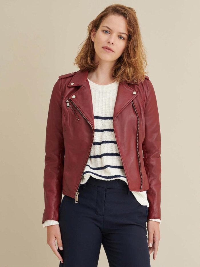 Madeline asymmetrical brown leather jacket for women