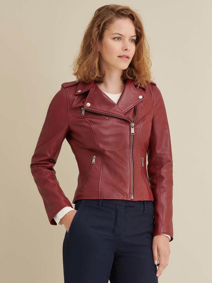 Madeline asymmetrical brown leather jacket for women - Image 2