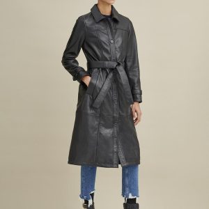 Natasha belted black leather trench for women