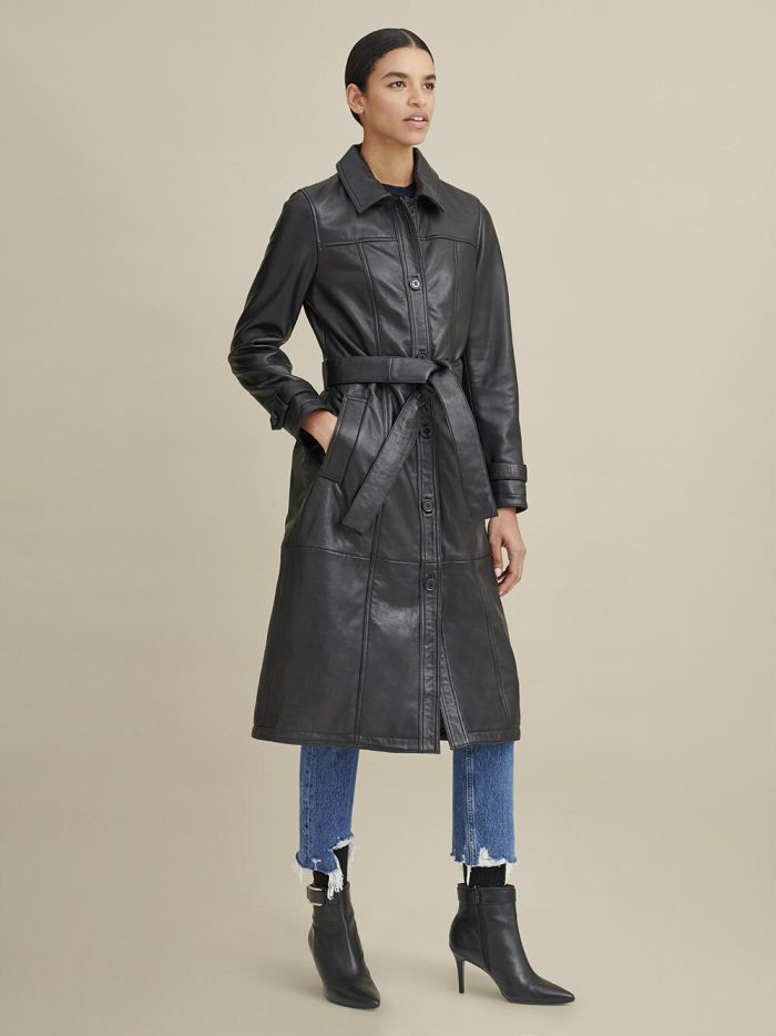 Natasha belted black leather trench for women