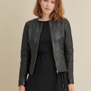 Black leather jacket with side stitching for women - Image 2