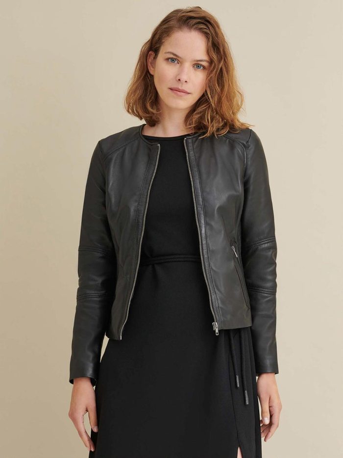 Black leather jacket with side stitching for women - Image 2