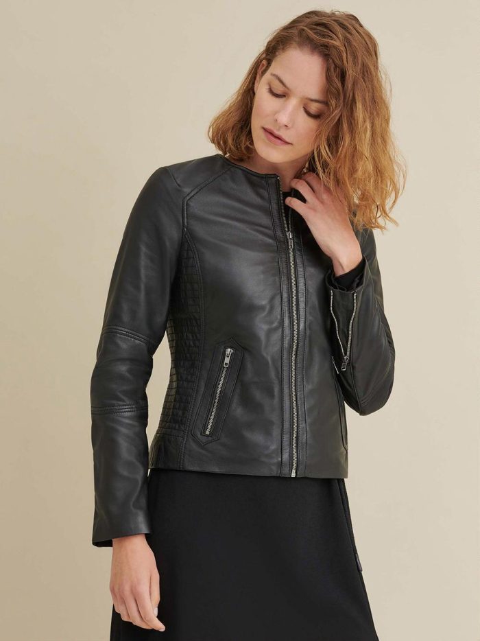 Black leather jacket with side stitching for women