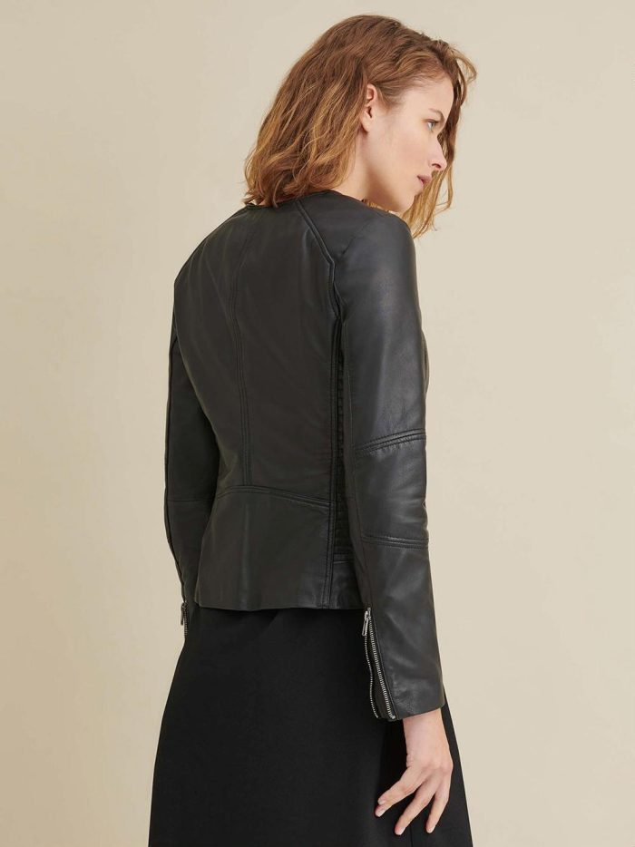 Black leather jacket with side stitching for women - Image 3