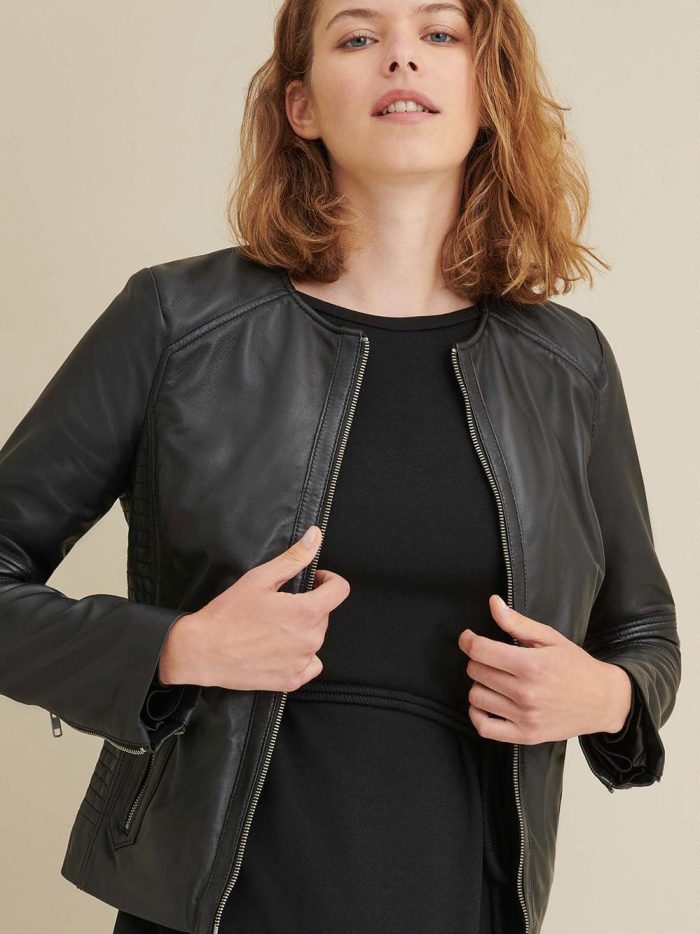 Black leather jacket with side stitching for women - Image 4
