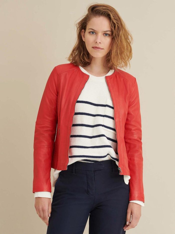 Red leather jacket with side stitching for women - Image 4