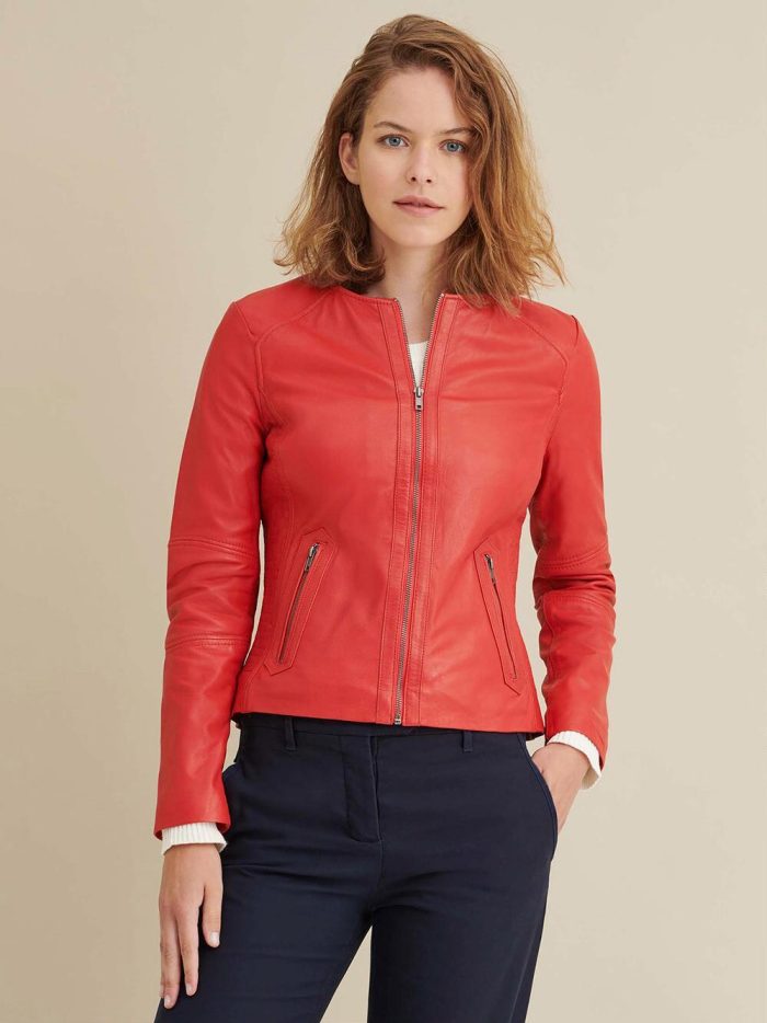 Red leather jacket with side stitching for women - Image 3
