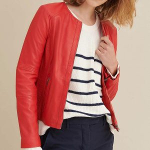 Red leather jacket with side stitching for women