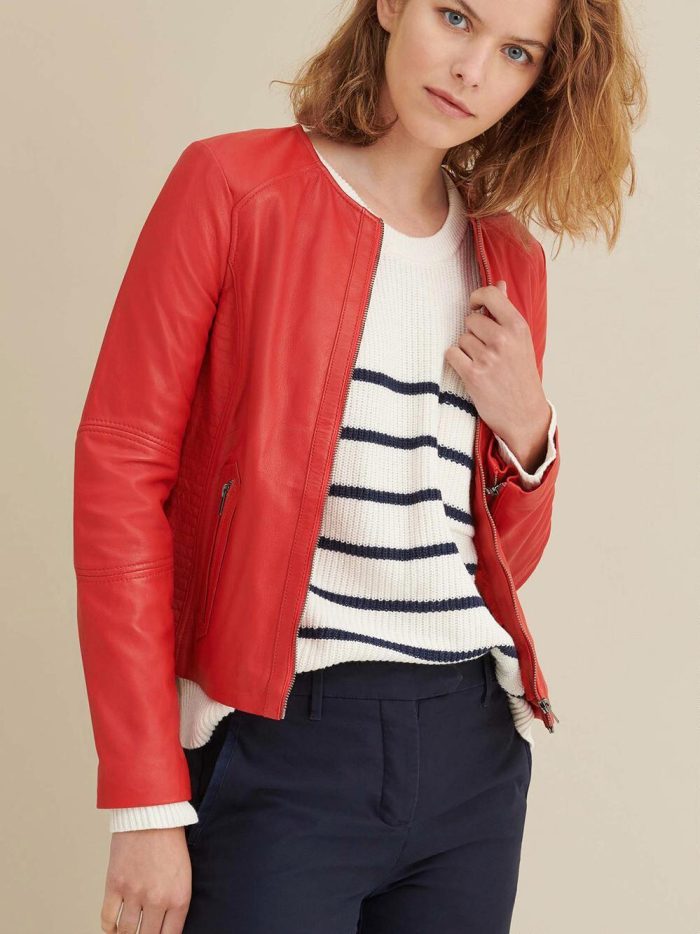 Red leather jacket with side stitching for women