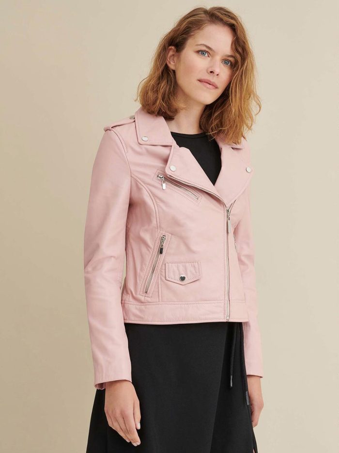 Claire asymmetrical grey leather jacket for women - Image 2