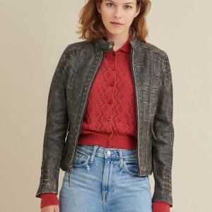 Stella distressed black leather jacket for women - Image 2
