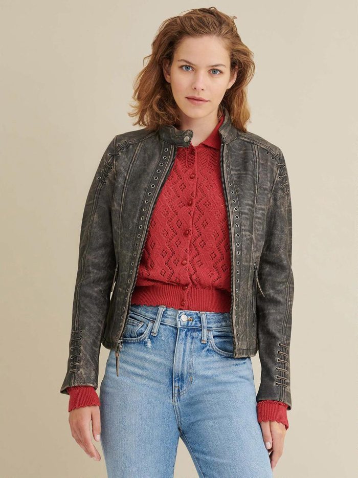 Stella distressed black leather jacket for women - Image 2