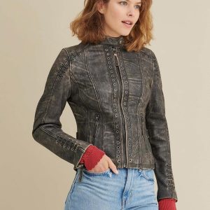 Stella distressed black leather jacket for women