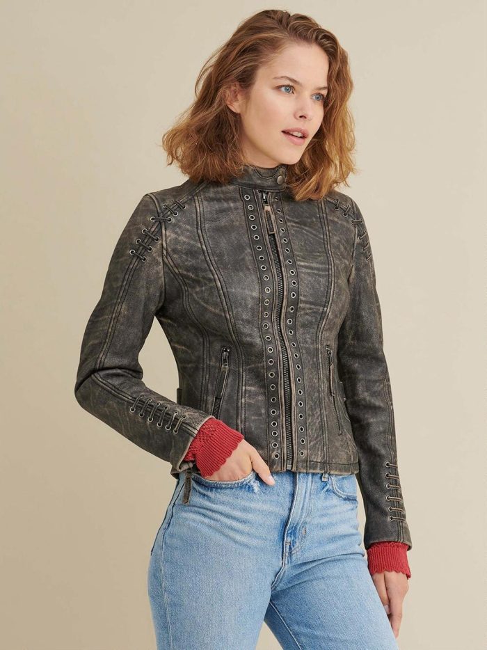 Stella distressed black leather jacket for women