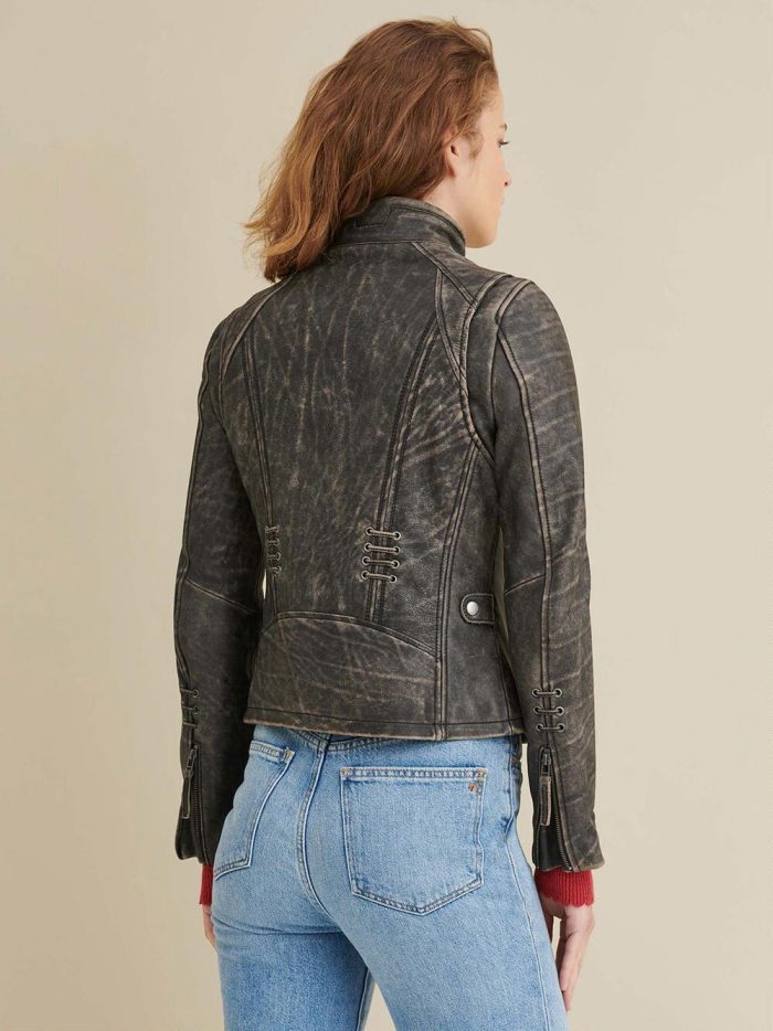 Stella distressed black leather jacket for women - Image 3