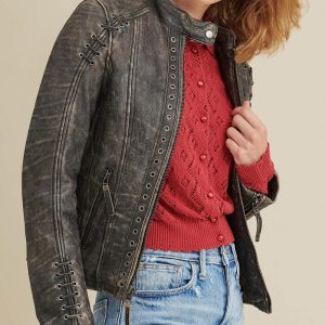 Stella distressed black leather jacket for women - Image 4