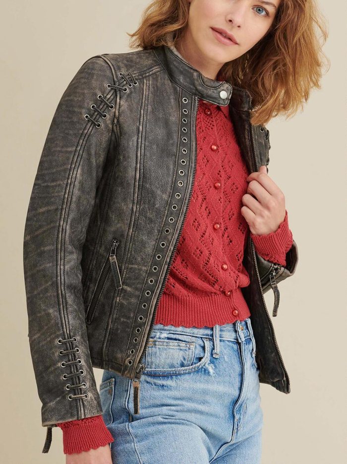 Stella distressed black leather jacket for women - Image 4