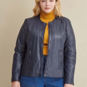 Navy leather jacket with side stitching for women