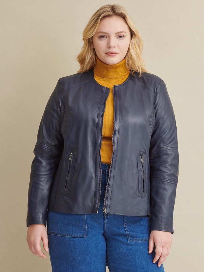 Navy leather jacket with side stitching for women