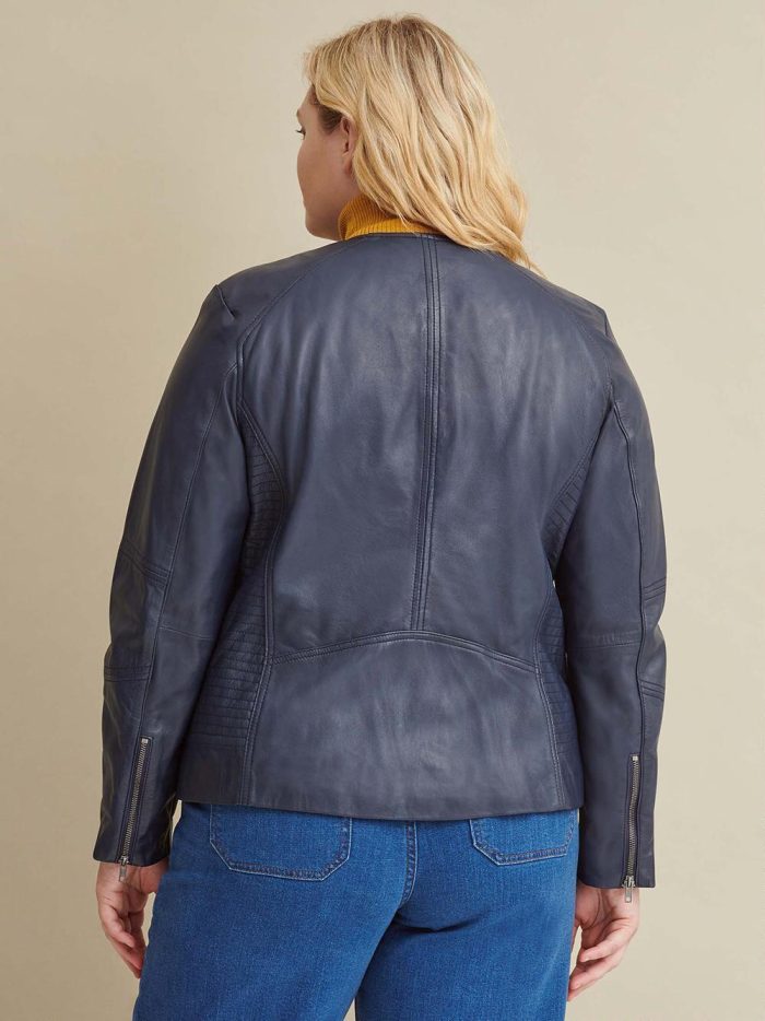 Navy leather jacket with side stitching for women - Image 3