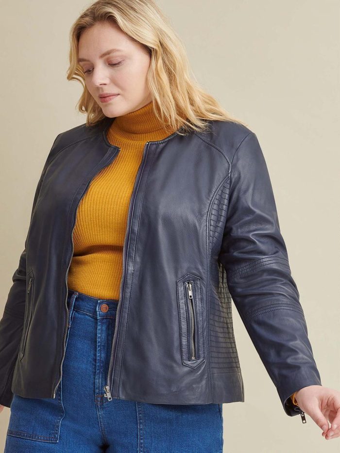Navy leather jacket with side stitching for women - Image 4