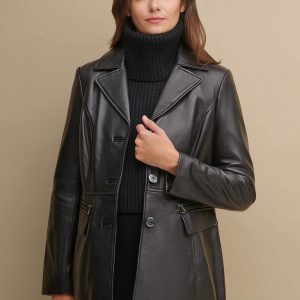 Button black jacket with zipper detail pockets for women