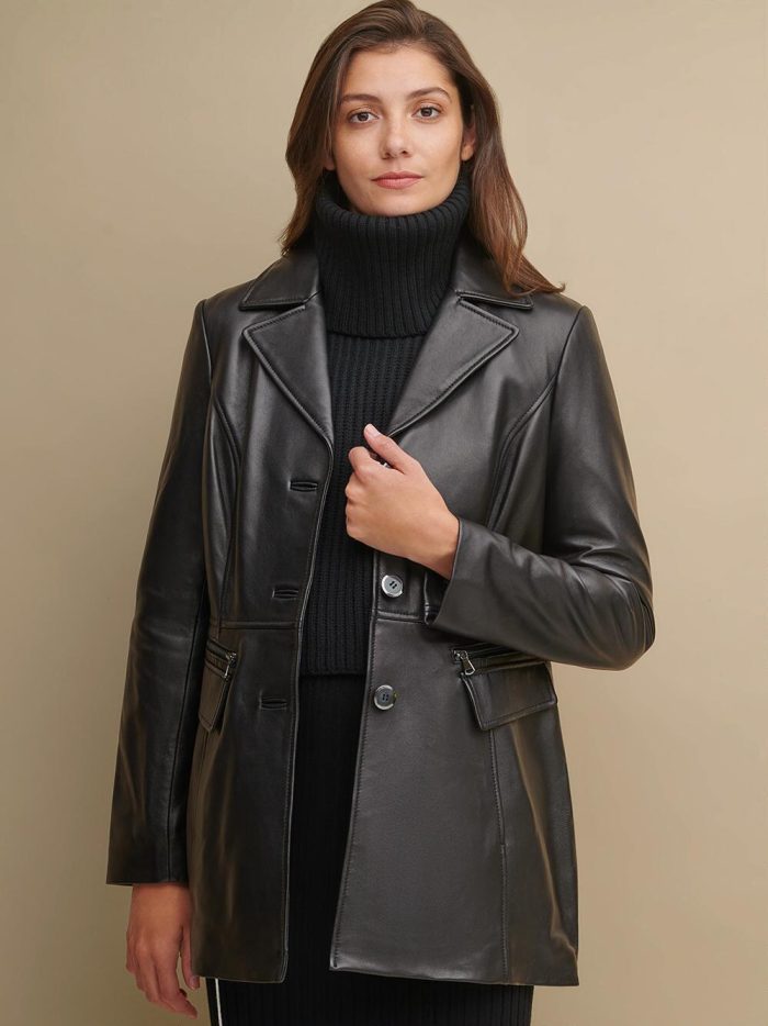 Button black jacket with zipper detail pockets for women