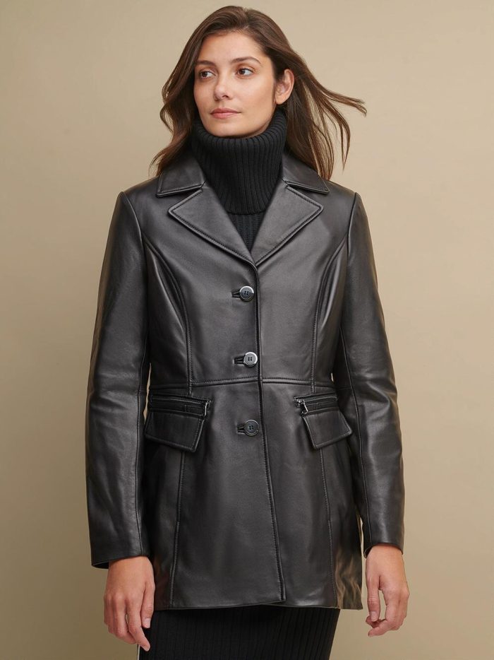 Button black jacket with zipper detail pockets for women - Image 3