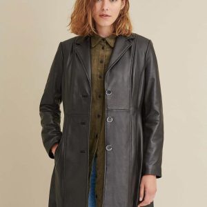Nora button down black leather trench coat for women