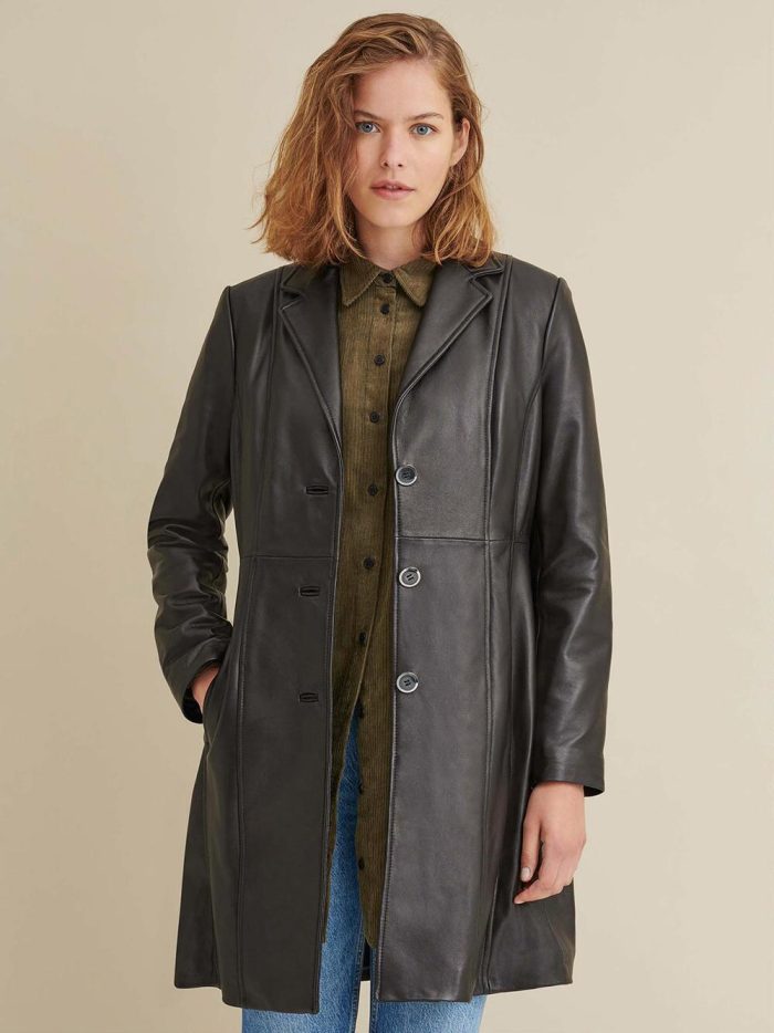 Nora button down black leather trench coat for women